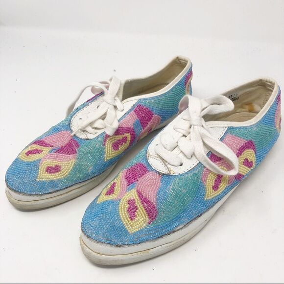 VINTAGE Beadz Beaded Lace Up Sneakers Pastels 7.5 - Picture 5 of 11